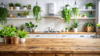 Wood table top with green plants on blur kitchen counter background, wood, table, top, green, plants, kitchen, counter, room
