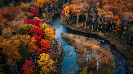 High-Angle Drone Shot of Vibrant Autumn Forest With River