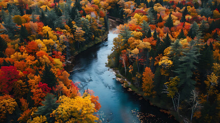 High-Angle Drone Shot of a Vibrant Autumn Forest with River