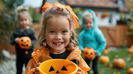 Fototapeta premium Children dressed in various Halloween costumes hold orange pumpkin containers, ready to enjoy trick-or-treating and share the excitement of the festive Halloween season.