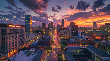 High-Angle City Skyline At Dusk With Illuminated Buildings