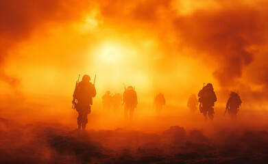 Soldiers silhouetted against a dramatic sunset, walking through a dusty landscape.