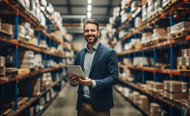 A warehouse worker smiling and holding a tablet surrounded by shelves of boxes.