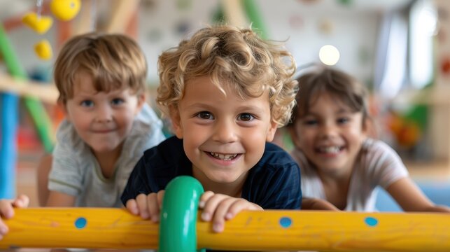 Three children are joyfully playing in a vibrant and colorful playground, their faces beaming with happiness and excitement as they engage in fun and interactive activities.