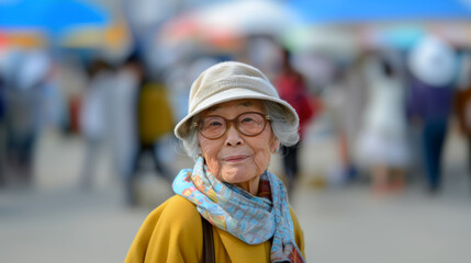 Fototapeta premium Portrait of a beautiful elderly woman walking through the streets of her hometown, caring for the elderly and the importance of support in society