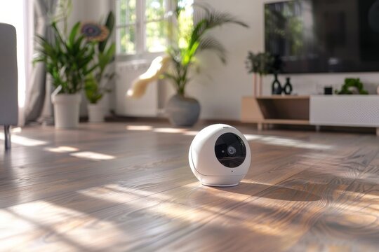 A white camera rests on a wooden floor, creating a simple composition, Customize alerts and notifications for important events, such as motion detection or device malfunctions - Powered by Adobe