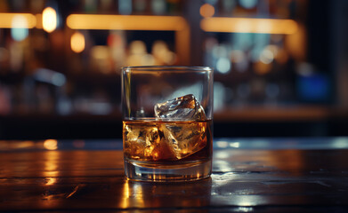 A glass of whiskey with ice cubes on a wooden bar counter, softly lit in a warm atmosphere.