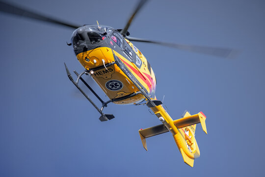 Pniewy, Poland - June 22, 2020. A helicopter of the Polish Medical Air Rescue ("Lotnicze Pogotowie Ratunkowe") hovering in the air.