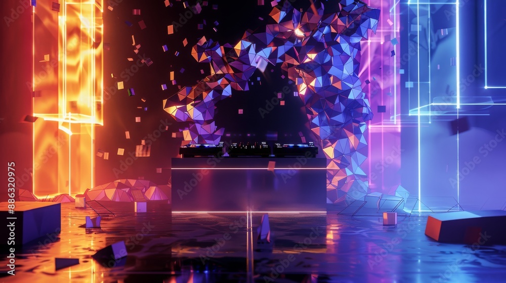 Poster a dj setup with a pair of turntables sits on a dark platform, surrounded by geometric shapes, neon l
