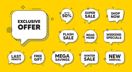 Obraz premium Offer speech bubble icons. Exclusive offer tag. Sale price sign. Advertising discounts symbol. Exclusive offer chat offer. Speech bubble discount banner. Text box balloon. Vector