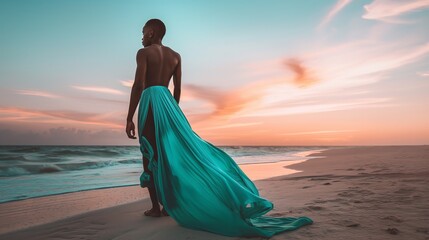 elegant african american woman in teal dress gazing at sea horizon, serene sunset beach scene