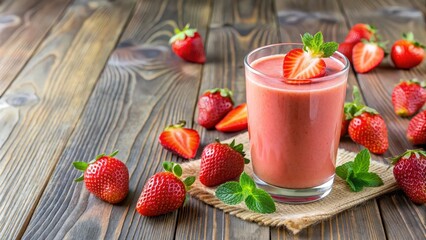 Glass of strawberry smoothie with fresh strawberries as decoration, strawberry, smoothie, glass, fresh, fruit, delicious, healthy