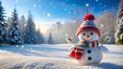 Obraz premium Cute snowman standing in snowy winter landscape, snowman, cute, winter, snow, landscape, outdoor, cold, frosty, holiday