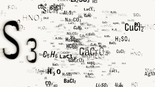Different chemical bonds loop animation like carbon, copper, chlorine, hydrogen, oxygen, sulfur, sodium. Molecule, atom, element, science, chemistry, education. 3D animation
