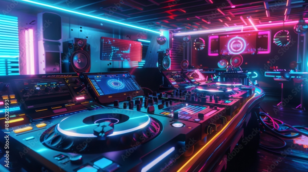 Aufkleber A close-up view of a professional DJ setup in a studio illuminated with neon lights. The mixer console is in the foreground, with various audio equipment and speakers visible in the background.