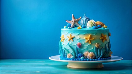 Vibrant blue ocean-themed birthday cake on a blue background, birthday cake, blue, ocean, decorations, tropical, vibrant