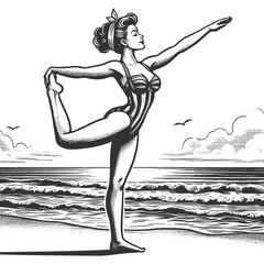 woman in a yoga pose on beach, with a serene ocean and sky in the background sketch engraving generative ai fictional character vector illustration. Scratch board imitation. Black and white image.