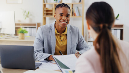 Startup, consultants and black man in office, conversation and new project, schedule and share ideas. Employees, female client and male worker explain process, system and planning with paperwork