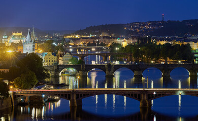 Aerial cityscape evening view of Prague, capital city of Czech Republic, view from Letna park