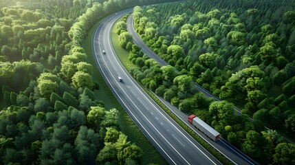 Bird's-eye view of a highway winding through green trees, with hydrogen energy trucks and cars driving, promoting sustainable and clean energy transport