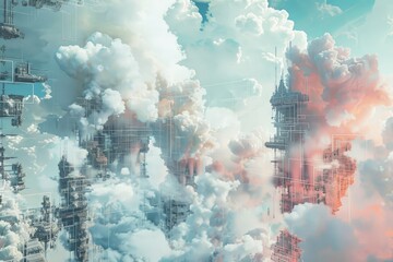 A painting depicting a city surrounded by futuristic cybernetic clouds merging with physical reality, Cybernetic clouds merging with physical reality in a surreal composition