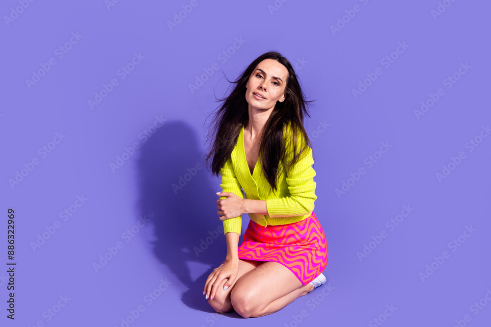 Sticker Photo of gentle dreamy lovely girl wear trendy bright clothes isolated on purple color background