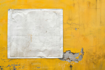 close up horizontal image of a worn blank poster hanging on a yellow painted distressed concrete wall, mockup space