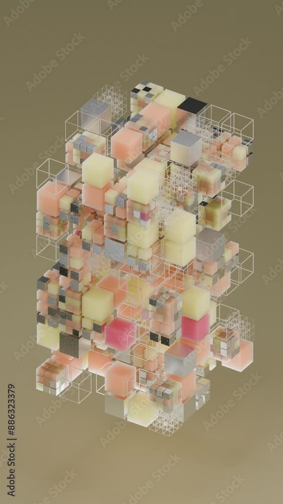 Poster abstract 3d animation of 60 frames per second. an array of cubes of different sizes rotates around a