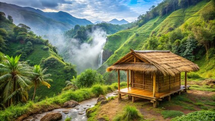 Bamboo hut nestled in a valley near geysers water, Bamboo hut, valley, geysers water, nature, tranquil, peaceful