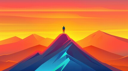 Inspiring image of a man atop a mountain at sunset, symbolizing goals and aspirations. Positive, motivational concept.