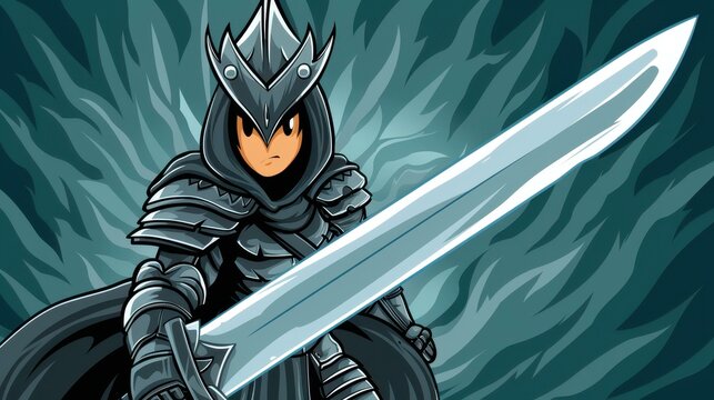 Detailed art of a mysterious female knight adorned in plate armor, wielding a massive twohanded sword and crowned with a regal headpiece.