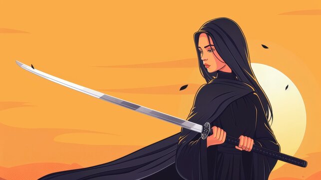 A powerful nun warrior wields a twohanded sword in a torn black robe, surrounded by various blades in D comic art.