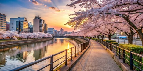 Fototapeta premium Scenic riverside promenade in a city where cherry blossoms bloom, cherry blossoms, river, city, walkway, spring, blooming