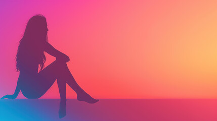 Vibrant silhouette of woman sitting with arms around knees, head tilted back, against colorful sunset, with panorama view.