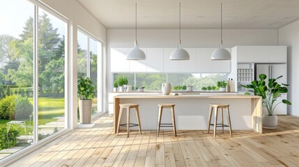 Fototapeta premium White kitchen interior with kitchen island and wooden floor, modern minimalist style