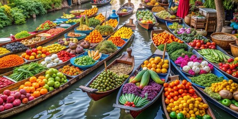Fototapeta premium Colorful fruits and vegetables being sold from boats at a floating market in Thailand, Thailand, floating market