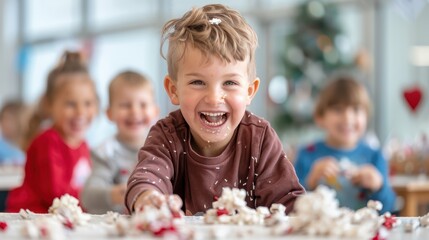 A laughing boy is surrounded by falling pieces of popcorn indoors, capturing a spontaneous moment of joy, playfulness, and the fun of childhood in a festive atmosphere.