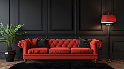 Modern Living Room with Red Sofa and Black Wall
