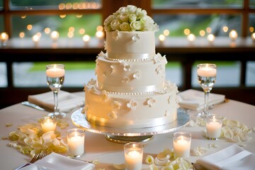 Elegant three-tier white wedding cake with white roses, candles, and petals on a decorated table.