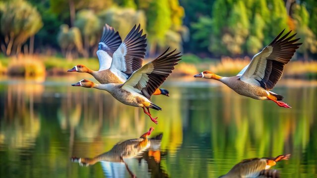 Nilgans flying gracefully over a serene lake , Nilgans, flying, waterfowl, wildlife, wings, feathers, nature, lake