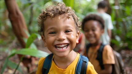 A cheerful child with curly hair and a big smile is seen exploring a forest with friends, wearing a backpack, and capturing the spirit of adventure and joy of outdoor activities.