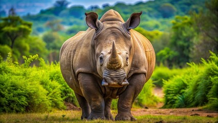 Fototapeta premium A close-up photo of a majestic rhinoceros standing in the wild , wildlife, animal, safari, endangered, horn, powerful