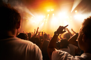 Rear view of a crowd cheering at a concert - This concept was created for the sole purpose of this photo shoot, featuring 300 models and 3 live bands. All people in this shoot are model released