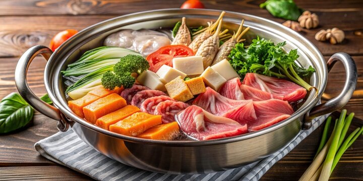 Suki Shabu hotpot with vegetables and thinly sliced meat in a flavorful vegetable soup , Japanese, nabemono, hotpot