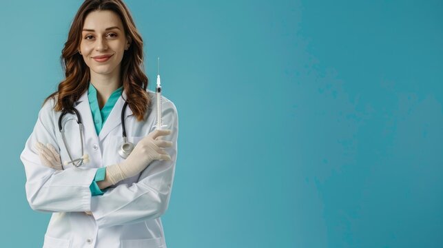 A female doctor with long brown hair smiles confidently while holding a syringe against a bright teal background. She is wearing a white lab coat and a stethoscope