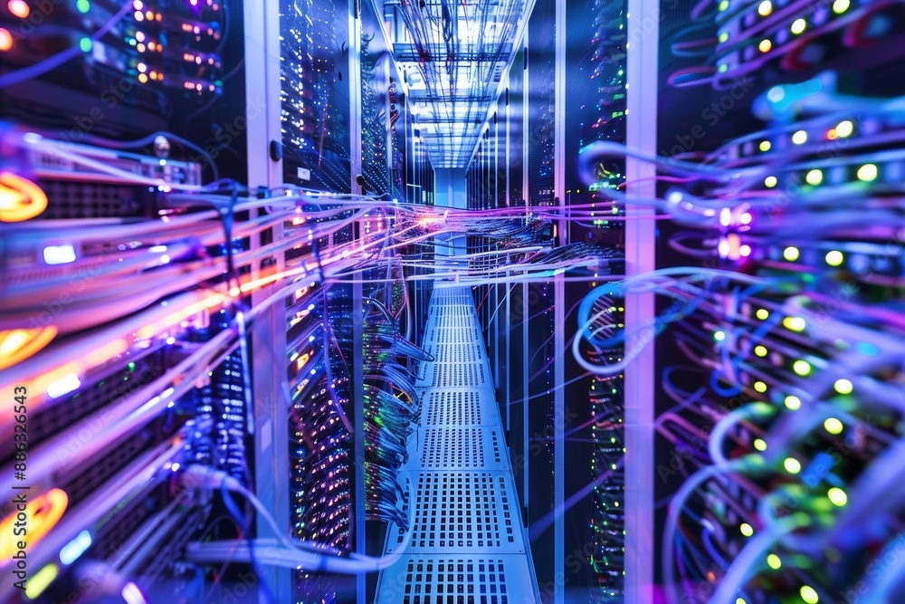 Aufkleber a server room packed with an intricate web of cables and wires, showcasing the complex network infra