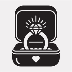 A diamond ring in a gift box is a symbol of love and a sign of a marriage proposal. Jewelry silhouette vector on a white background