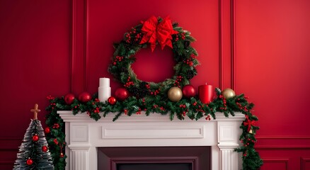 Christmas Wreath & Garland Above Fireplace