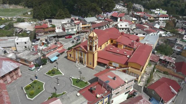 Pinal de Amoles, latin America city in Mexico, aerial city centre cathedral