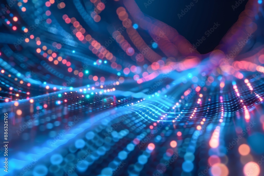 Poster Abstract digital background with blurred elements and dynamic patterns, Data streams flowing seamlessly between interconnected servers